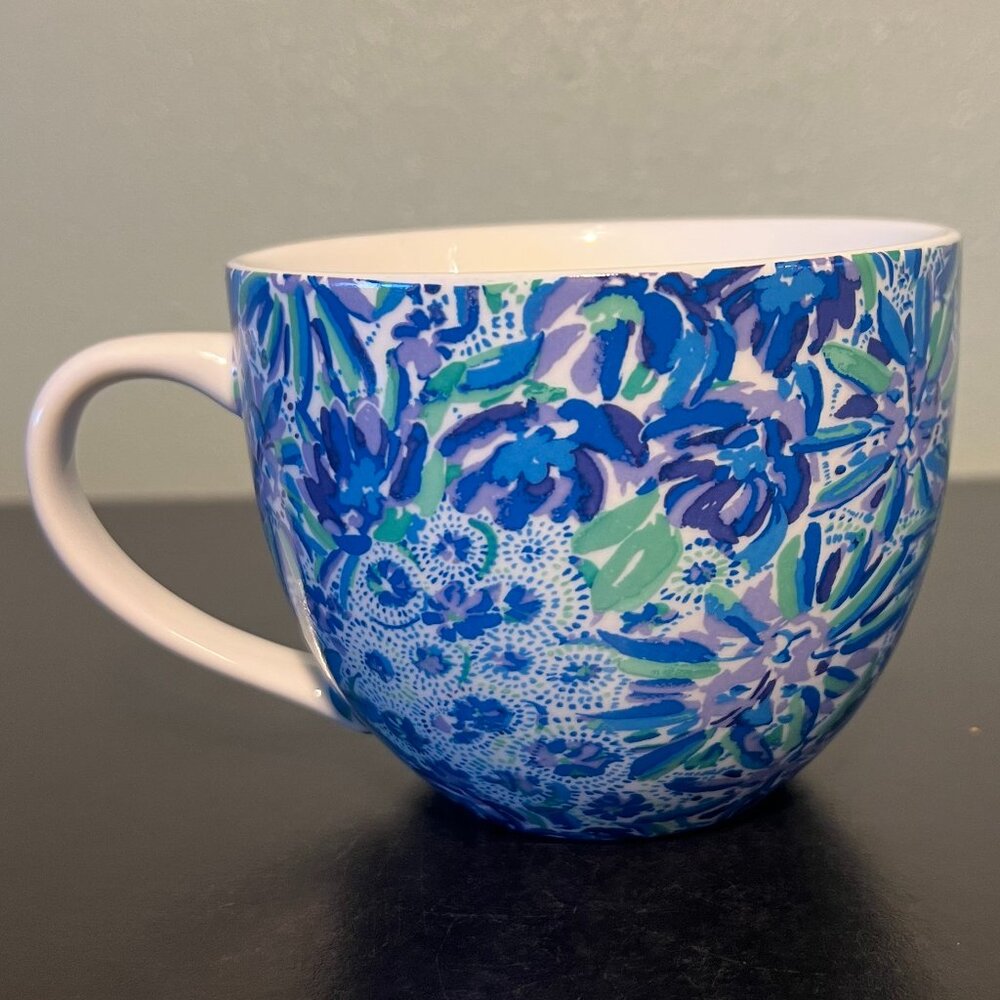 LILY PULITZER Hidden Lion Animal Blue Floral Ceramic Coffee Mug  Cottagecore Cup